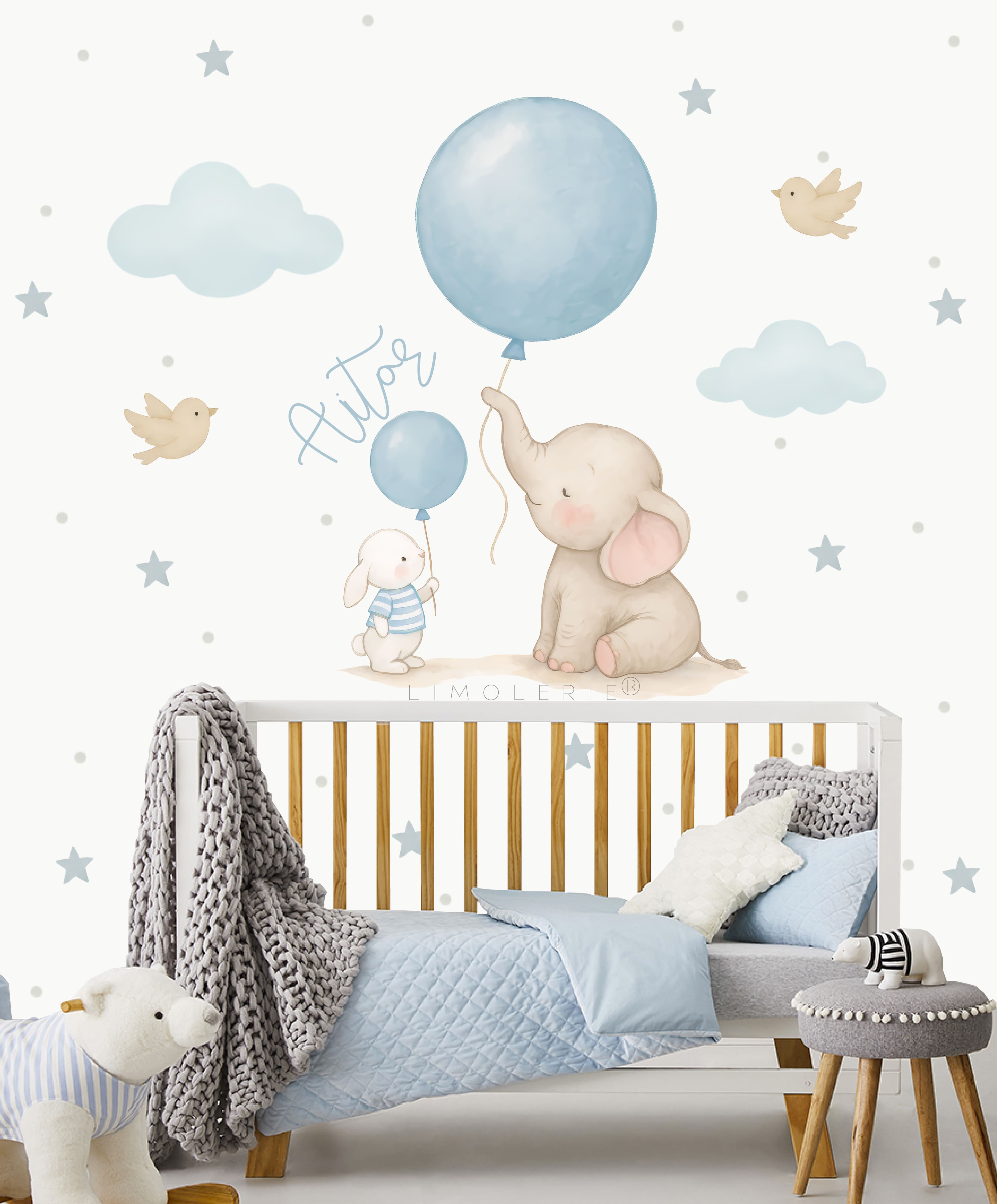 Vinilo Elefante y Conejo Globos Celeste